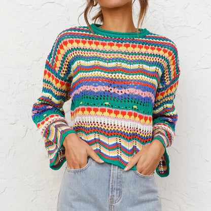 Women Round Neck Loose Sweaters, Bohemian Long Sleeve Crochet Knit Pullover Tops