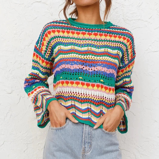 Women Round Neck Loose Sweaters, Bohemian Long Sleeve Crochet Knit Pullover Tops