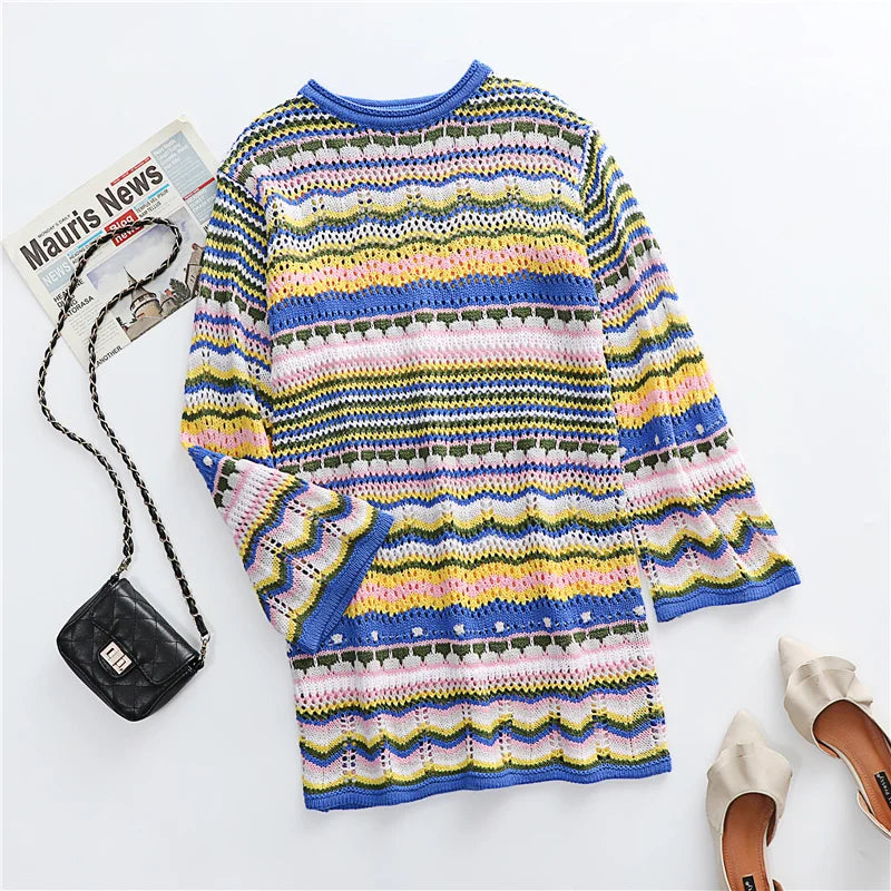 Woman Elegant Hollow Out Knitted Mini Dress 2022 Chic Colorful Patchwork Knit Dresses Ladies Bohemia Beach Dress