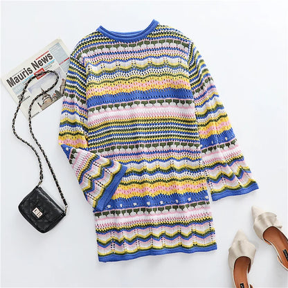 Woman Elegant Hollow Out Knitted Mini Dress 2022 Chic Colorful Patchwork Knit Dresses Ladies Bohemia Beach Dress