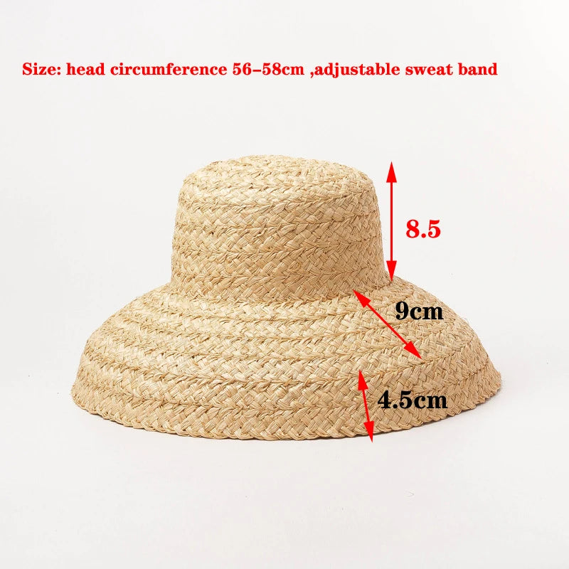 Summer Hats for Women Retro Flat Drooping Hat Brim Hand-made Raffia Straw Hat Ladies Outdoor Sun Protection Beach Straw Hat