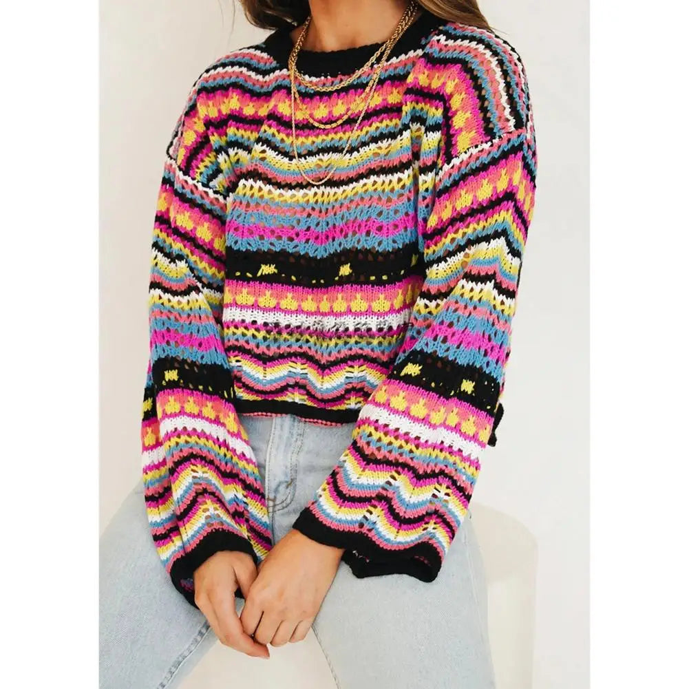 Autumn Rainbow Sweater Women Harajuku Jumper Striped Casual Long Sleeved Pullovers Korean Vintage Knitwear Y2K Sweatshirt