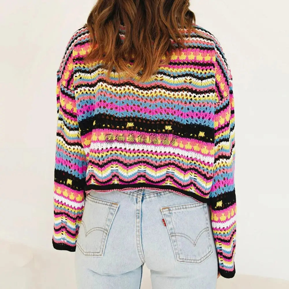 Autumn Rainbow Sweater Women Harajuku Jumper Striped Casual Long Sleeved Pullovers Korean Vintage Knitwear Y2K Sweatshirt