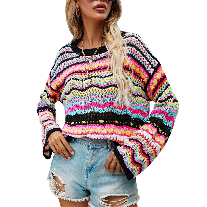 Women Round Neck Loose Sweaters, Bohemian Long Sleeve Crochet Knit Pullover Tops