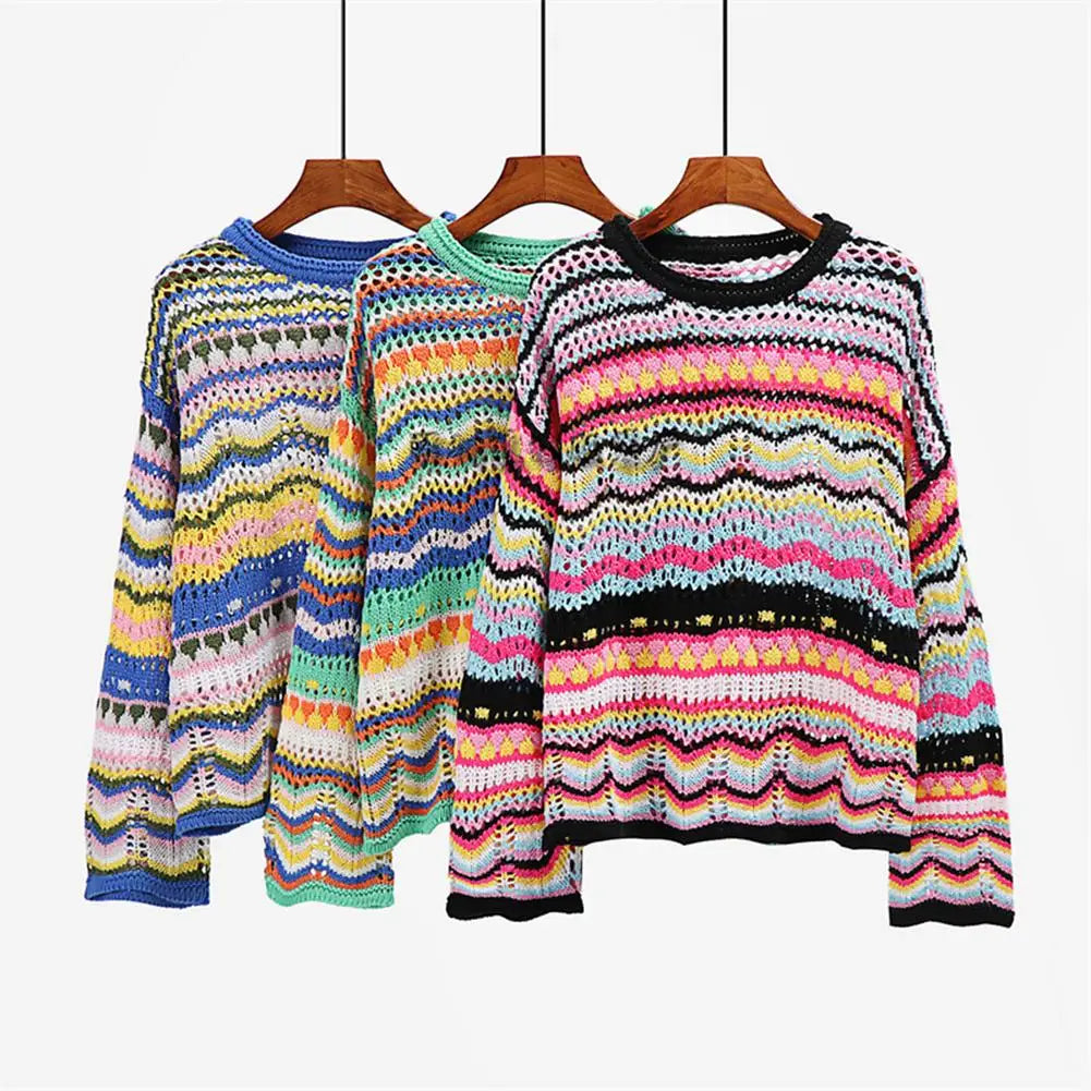 Autumn Rainbow Sweater Women Harajuku Jumper Striped Casual Long Sleeved Pullovers Korean Vintage Knitwear Y2K Sweatshirt