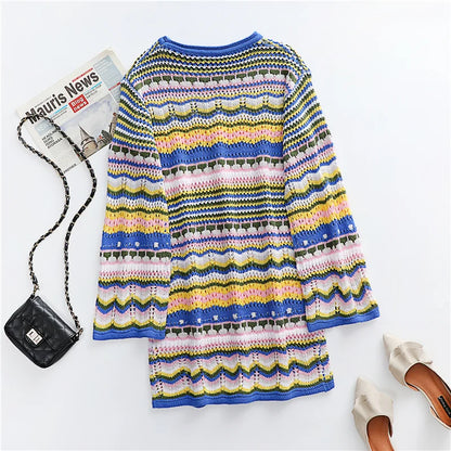 Woman Elegant Hollow Out Knitted Mini Dress 2022 Chic Colorful Patchwork Knit Dresses Ladies Bohemia Beach Dress