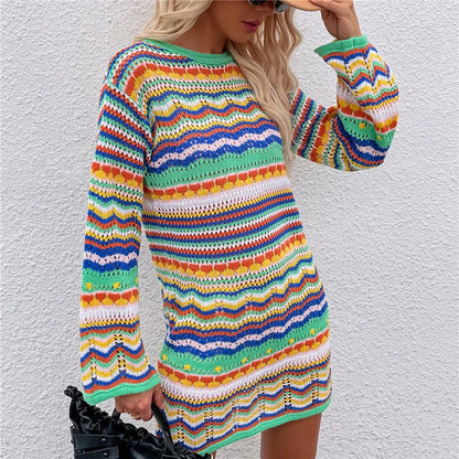 Woman Elegant Hollow Out Knitted Mini Dress 2022 Chic Colorful Patchwork Knit Dresses Ladies Bohemia Beach Dress