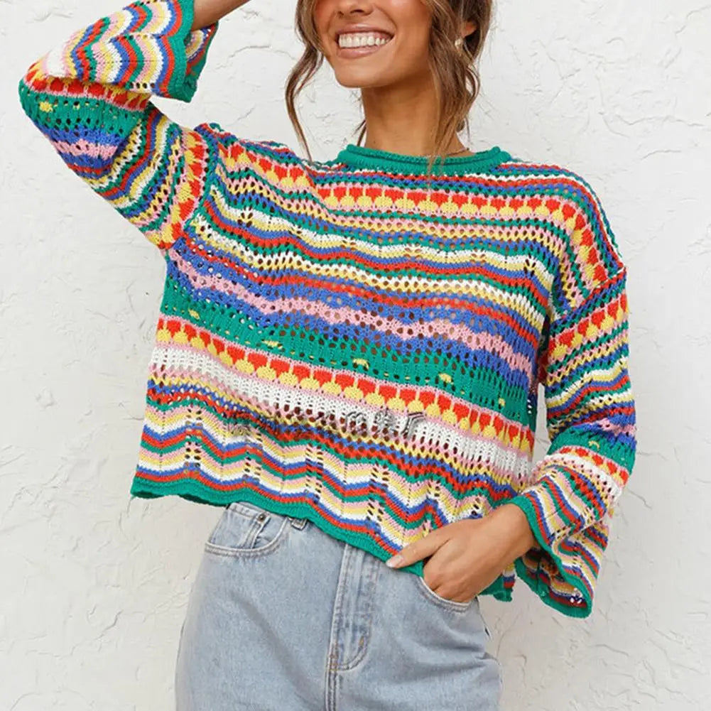 Autumn Rainbow Sweater Women Harajuku Jumper Striped Casual Long Sleeved Pullovers Korean Vintage Knitwear Y2K Sweatshirt