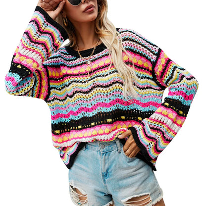 Women Round Neck Loose Sweaters, Bohemian Long Sleeve Crochet Knit Pullover Tops