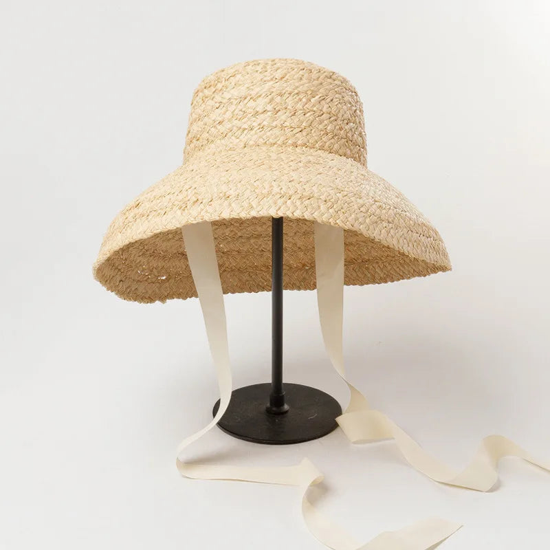 Summer Hats for Women Retro Flat Drooping Hat Brim Hand-made Raffia Straw Hat Ladies Outdoor Sun Protection Beach Straw Hat