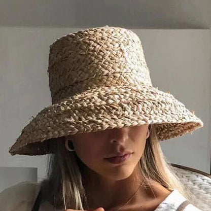 Summer Hats for Women Retro Flat Drooping Hat Brim Hand-made Raffia Straw Hat Ladies Outdoor Sun Protection Beach Straw Hat