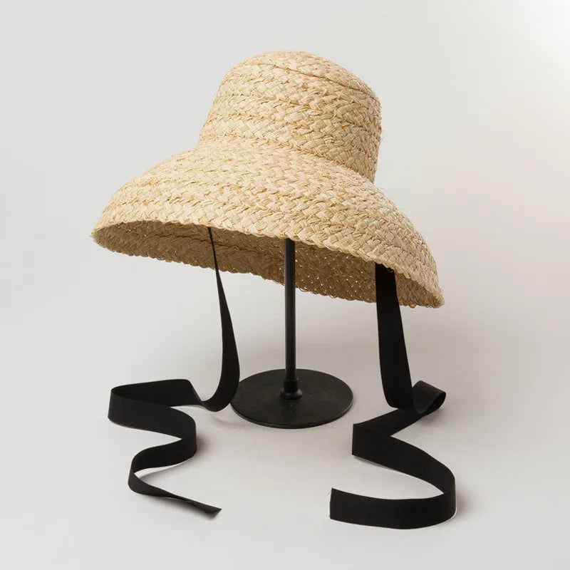 Summer Hats for Women Retro Flat Drooping Hat Brim Hand-made Raffia Straw Hat Ladies Outdoor Sun Protection Beach Straw Hat