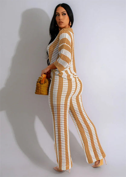 Striped Knitted Pants Set Women 2 Piece Outfit Elegant Hollow Out Button Up V-neck Top and Wide Leg Pants Matching Sets Birthday