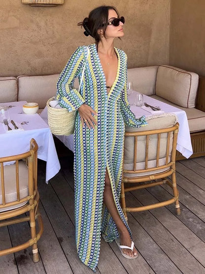 2024 Women Deep V Neck Casual Bohemian Maxi Dress Elegant Straight Flare Long Sleeve Vestidos  Sexy Beach Vacation Party Robe