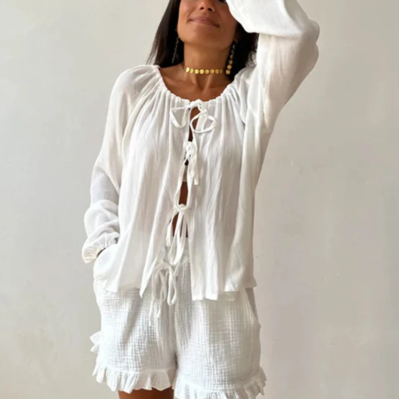 Loungewear 2 Piece Outfits Vintage Front Lacing Up Scoop Neck Long Sleeve Blouse Shirt Tops + Ruffled Shorts Women Pajama Set