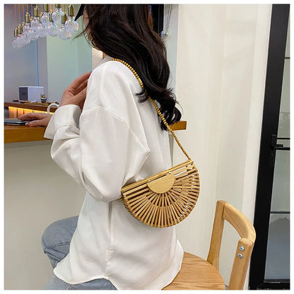 Fashion Half Moon Wooden Shoulder Crossbody Bags for Women Bamboo Woven Summer Beach Straw Bag Rattan Small Phone Purse Mini Sac