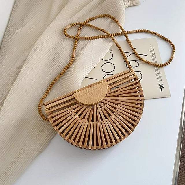 Fashion Half Moon Wooden Shoulder Crossbody Bags for Women Bamboo Woven Summer Beach Straw Bag Rattan Small Phone Purse Mini Sac