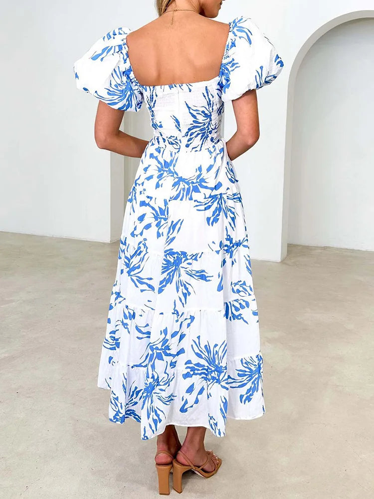 New Hollow Out Puff Sleeve Fashion Maxi Dress, Women Summer Patchwork Print Party Dress, V-Neck Beach Style Ruffles Ladies Dress