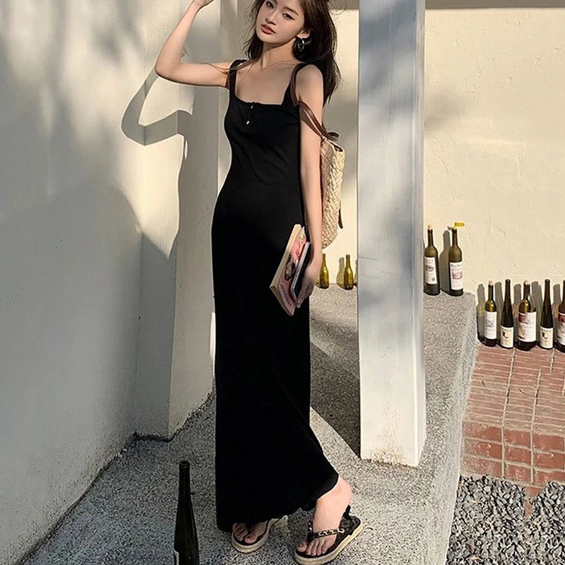 Rimocy Sexy Black Squre Collar Long Dress Women Summer Spaghetti Strap Beach Dresses Woman 2024 Buttons Sleeveless Maxi Sundress