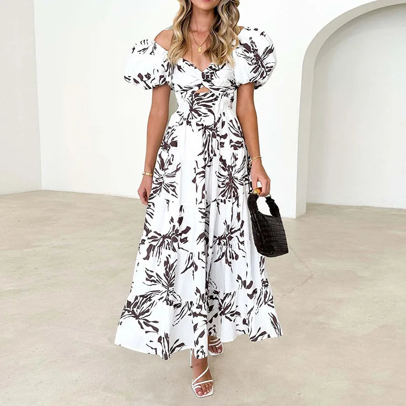 New Hollow Out Puff Sleeve Fashion Maxi Dress, Women Summer Patchwork Print Party Dress, V-Neck Beach Style Ruffles Ladies Dress