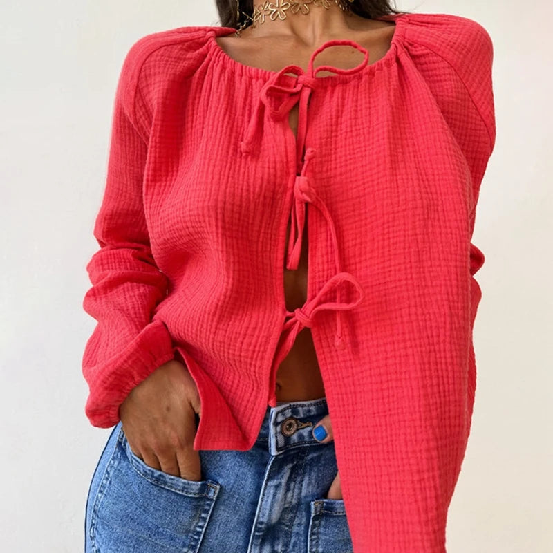 Loungewear 2 Piece Outfits Vintage Front Lacing Up Scoop Neck Long Sleeve Blouse Shirt Tops + Ruffled Shorts Women Pajama Set