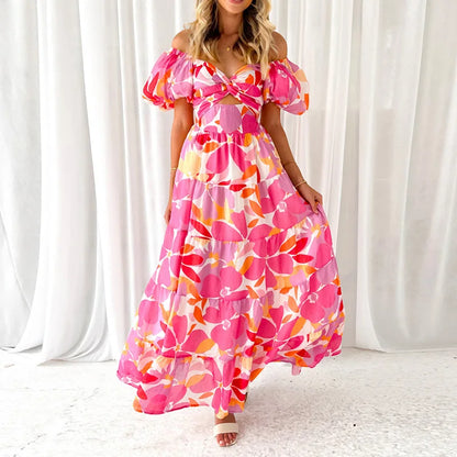 Cute Ladies Sundress Puff Sleeve Maxi Dress Elegant V Neck Backless Women Dress Summer Patchwork Sexy Hollow Out Beach Dresses