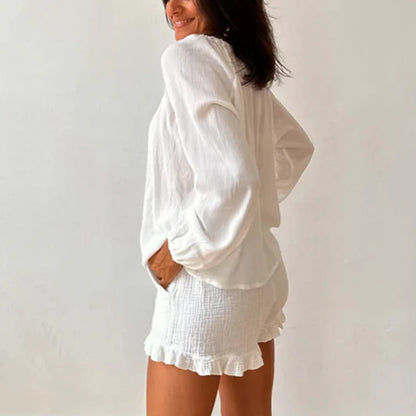 Loungewear 2 Piece Outfits Vintage Front Lacing Up Scoop Neck Long Sleeve Blouse Shirt Tops + Ruffled Shorts Women Pajama Set