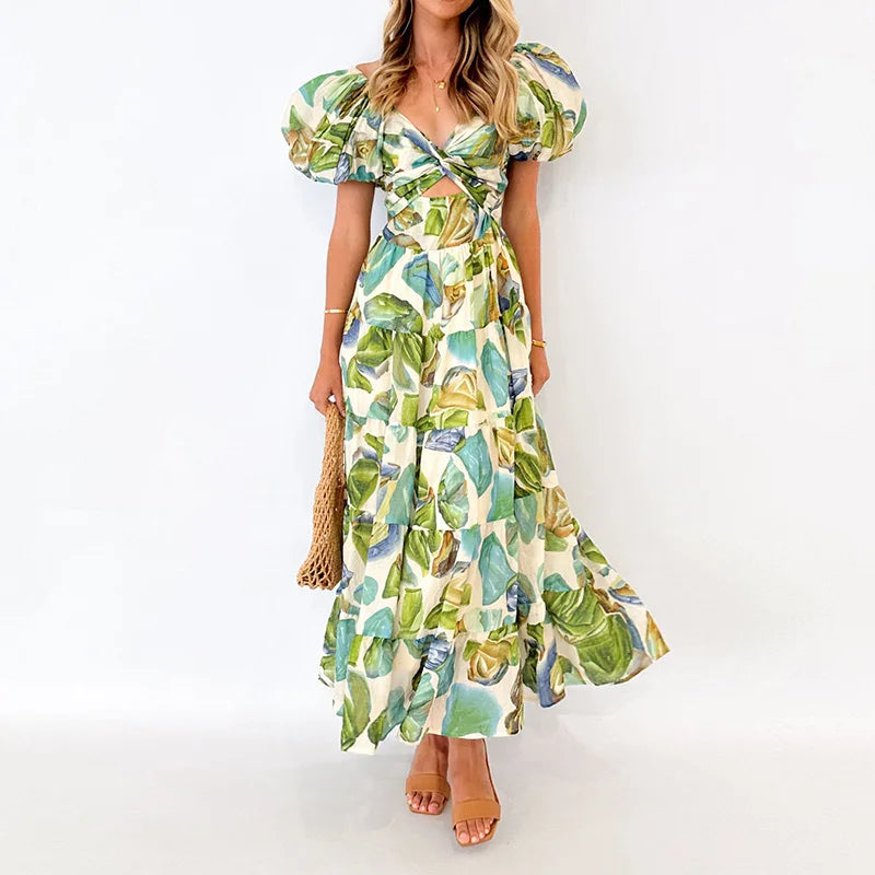 New Hollow Out Puff Sleeve Fashion Maxi Dress, Women Summer Patchwork Print Party Dress, V-Neck Beach Style Ruffles Ladies Dress