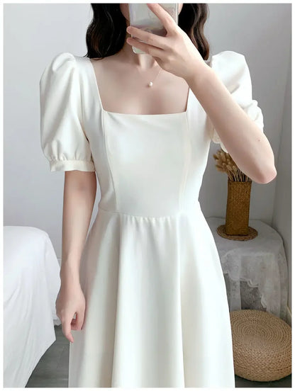 Slim Fit Women White Dress Bubble Sleeve Square Neck Light Wind Style Long Skirt Summer Casual Korean Style