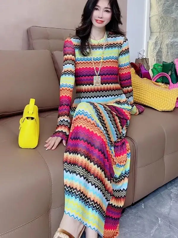 2024 Summer New Rainbow Stripe Mesh Print Slim Comfortable Slimming Versatile Round Neck Fashionable European Hot Selling Dress