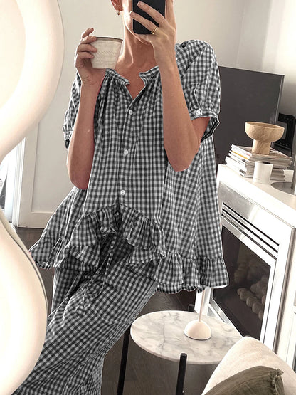 Women Y2k Plaid 2 Piece Pajama Set Tie Front Puff Sleeve Babydoll Shirt Gingham Pants Pj Lounge Set Sleepwear