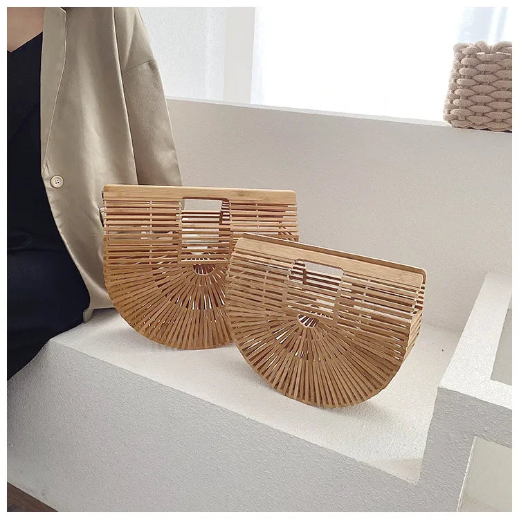 Women's Handmade Bamboo Basket Half-round Outdoor Beach Travel Handbag Fashion Designer Top-Handle Bags Retro Braided Bamboo Bag