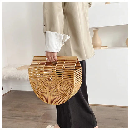 Women's Handmade Bamboo Basket Half-round Outdoor Beach Travel Handbag Fashion Designer Top-Handle Bags Retro Braided Bamboo Bag