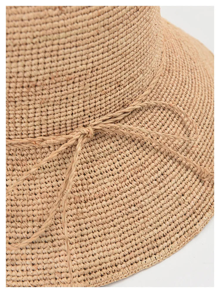 USPOP Foldable Sun Hat for Women with Crocheted Rafia and Butterfly Knot - Perfect for Beach, Vacation and Holiday