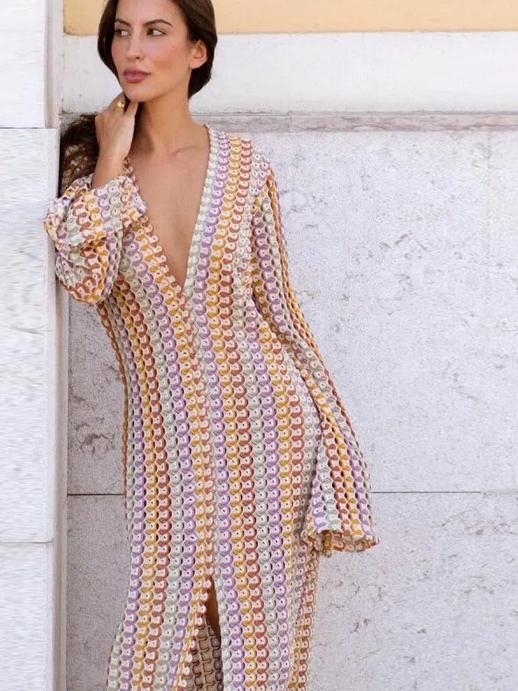 2024 Women Deep V Neck Casual Bohemian Maxi Dress Elegant Straight Flare Long Sleeve Vestidos  Sexy Beach Vacation Party Robe