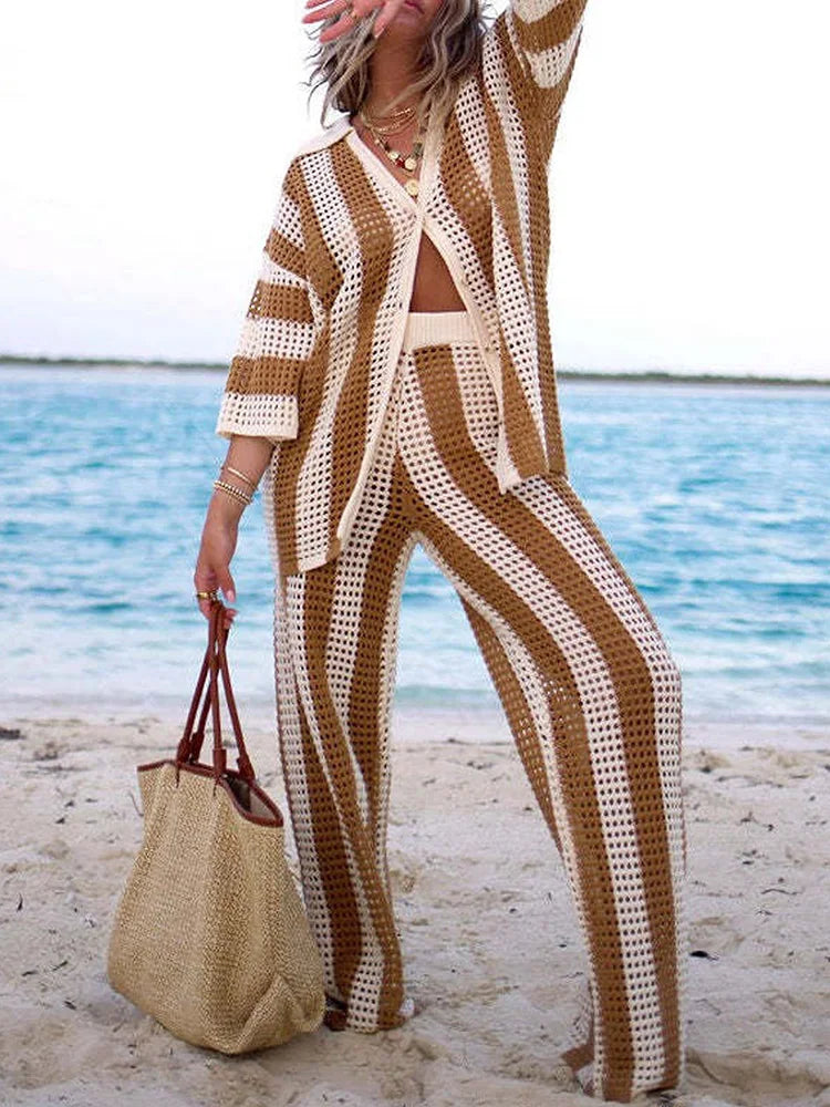 Striped Knit V-Neck Hollow Out Button Top And Wide Leg Pants Women 2PCS Suits Loungewear Holiday Summer Ladies Sexy Matching Set