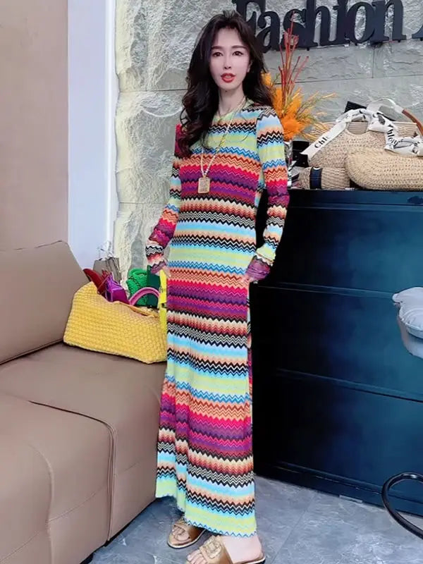 2024 Summer New Rainbow Stripe Mesh Print Slim Comfortable Slimming Versatile Round Neck Fashionable European Hot Selling Dress