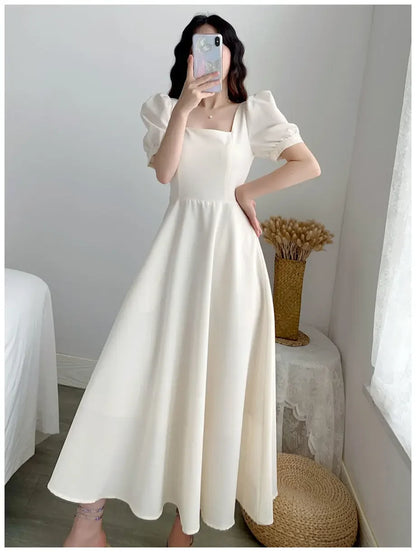 Slim Fit Women White Dress Bubble Sleeve Square Neck Light Wind Style Long Skirt Summer Casual Korean Style