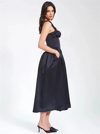 Mozision Elegant Satin Backless Midi Dress For Women High Quality Sundress Fashion Square Collar Sleeveless Loose Pleated Dress