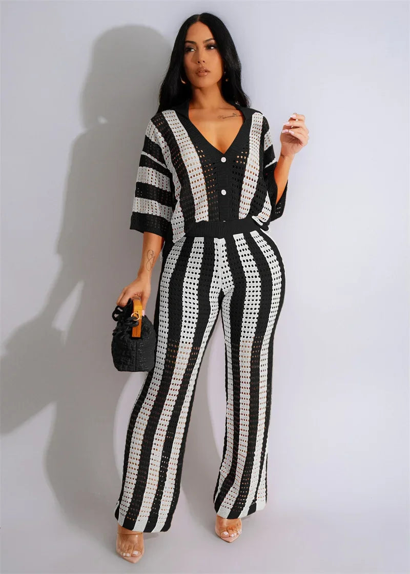 Striped Knitted Pants Set Women 2 Piece Outfit Elegant Hollow Out Button Up V-neck Top and Wide Leg Pants Matching Sets Birthday