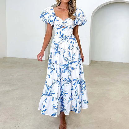 Cute Ladies Sundress Puff Sleeve Maxi Dress Elegant V Neck Backless Women Dress Summer Patchwork Sexy Hollow Out Beach Dresses