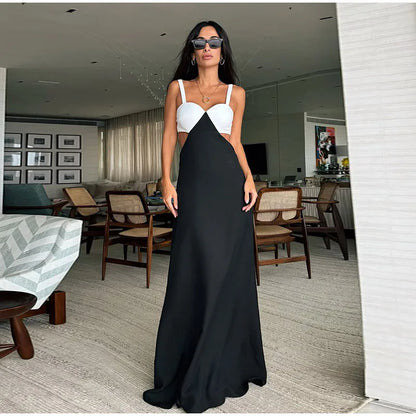 Fashion Gauze Contrasting Color Strap Maxi Dress For Women Elegant Backless Sleeveless High Waist Vestidos Chic Lady Party Robes