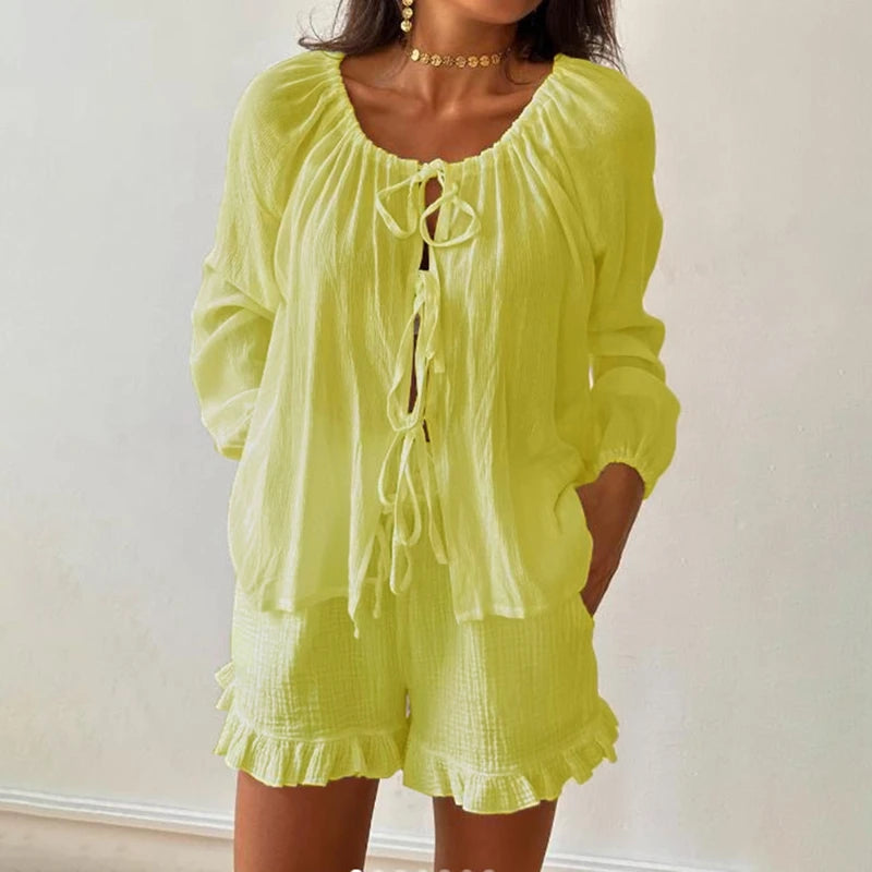 Loungewear 2 Piece Outfits Vintage Front Lacing Up Scoop Neck Long Sleeve Blouse Shirt Tops + Ruffled Shorts Women Pajama Set