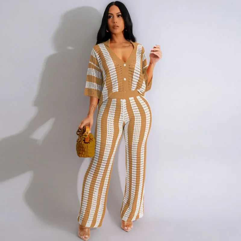 Striped Knitted Pants Set Women 2 Piece Outfit Elegant Hollow Out Button Up V-neck Top and Wide Leg Pants Matching Sets Birthday