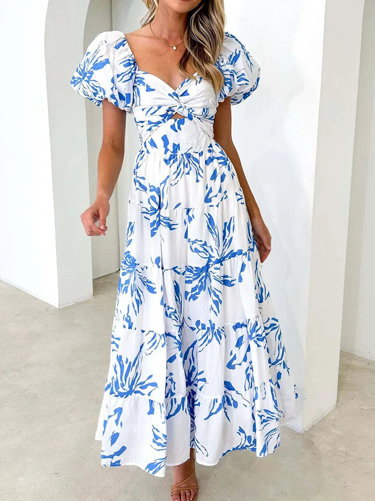 New Hollow Out Puff Sleeve Fashion Maxi Dress, Women Summer Patchwork Print Party Dress, V-Neck Beach Style Ruffles Ladies Dress