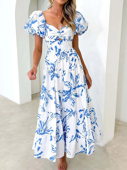 Cute Ladies Sundress Puff Sleeve Maxi Dress Elegant V Neck Backless Women Dress Summer Patchwork Sexy Hollow Out Beach Dresses