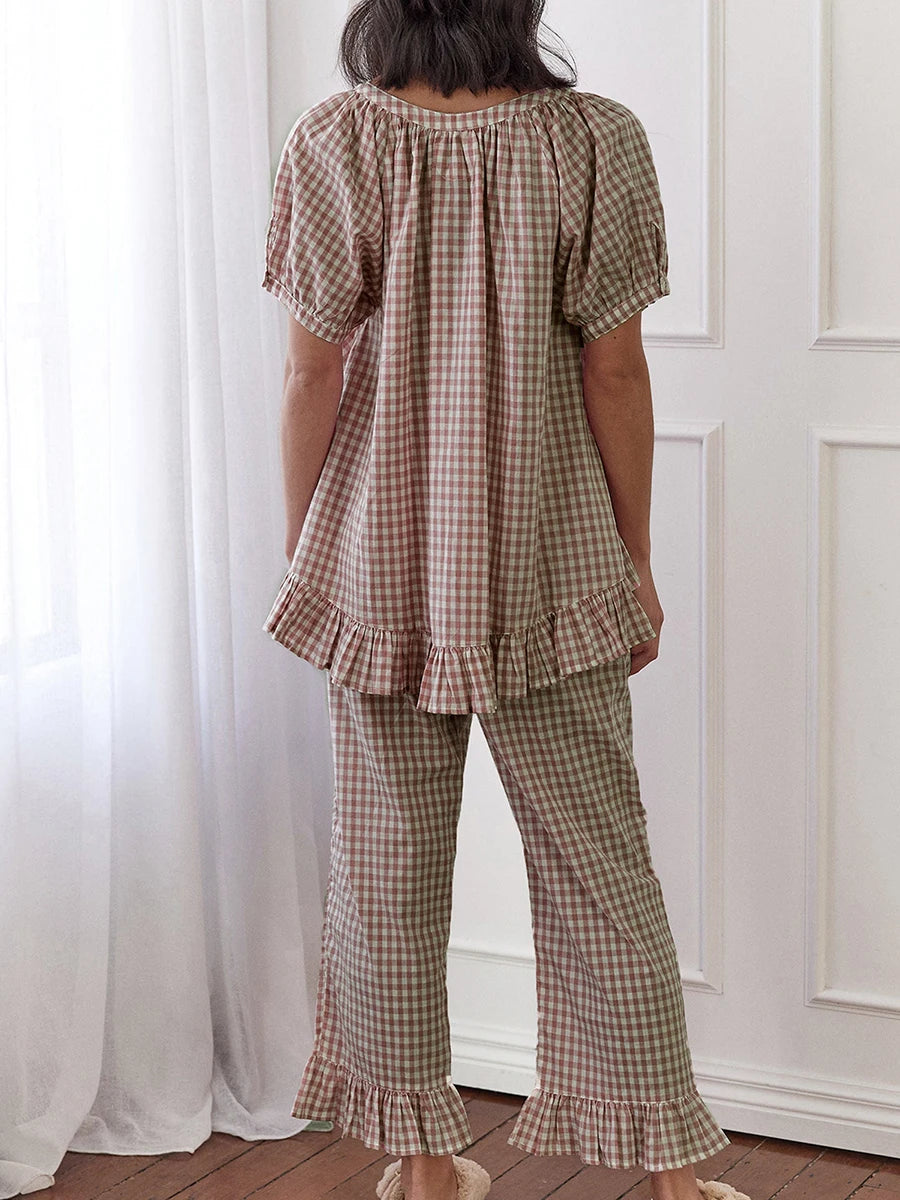 Women Y2k Plaid 2 Piece Pajama Set Tie Front Puff Sleeve Babydoll Shirt Gingham Pants Pj Lounge Set Sleepwear