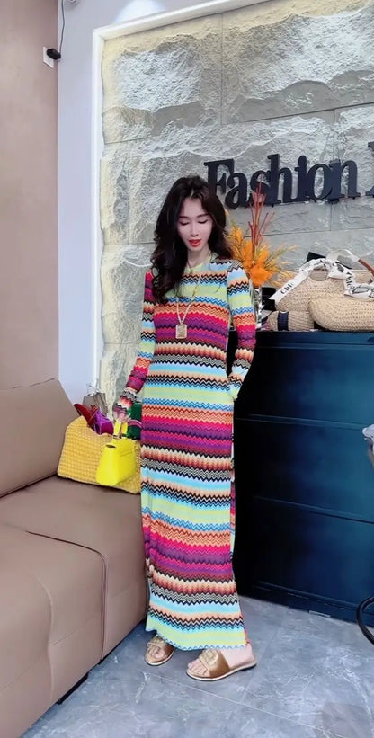 2024 Summer New Rainbow Stripe Mesh Print Slim Comfortable Slimming Versatile Round Neck Fashionable European Hot Selling Dress