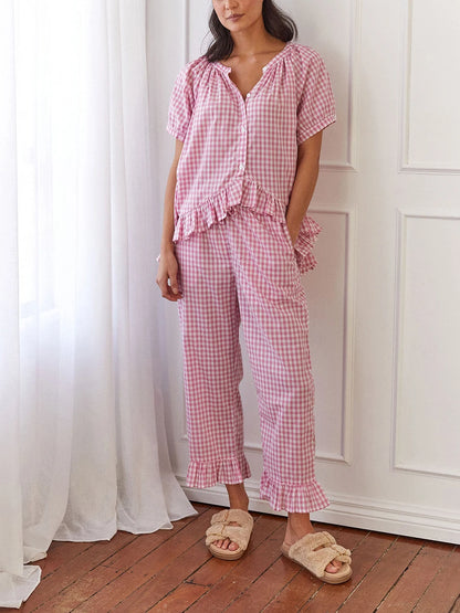 Women Y2k Plaid 2 Piece Pajama Set Tie Front Puff Sleeve Babydoll Shirt Gingham Pants Pj Lounge Set Sleepwear