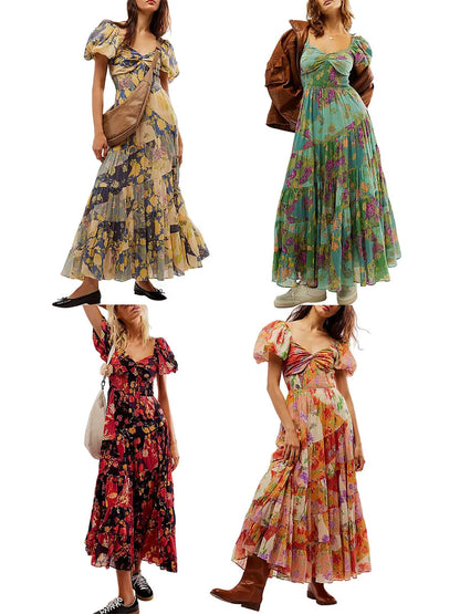 Women's Flower Print Boho Long Dress Puff Short Sleeve Sweetheart Neck Tunic Waist A-Line Flowy Dresses for Beach Vacation Party